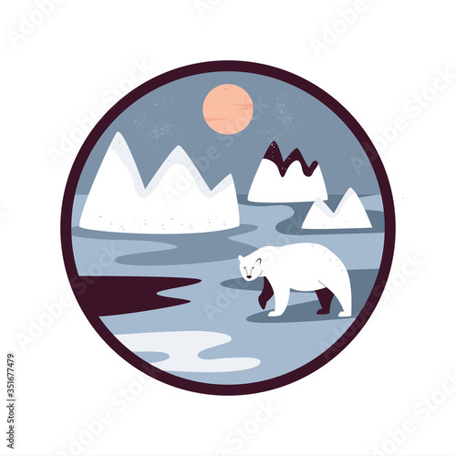 Polar bear on a white snow, Arctic scene, landscape