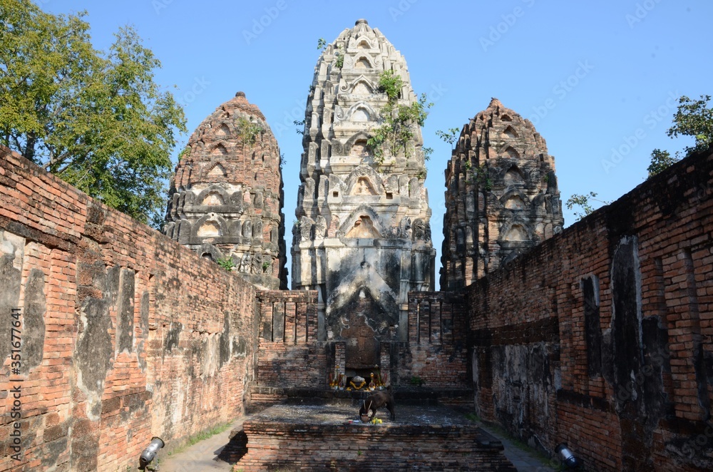 The three beautiful prangs of Wat Si Sawai, situated in the historical park of Sukhothai