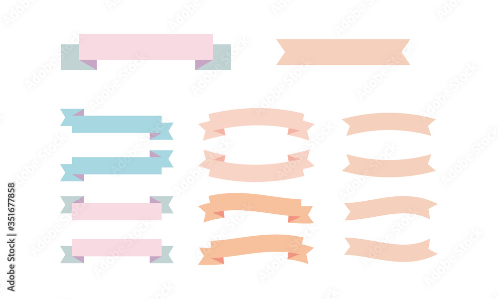 Pastel colors ribbons set in different styles, on white background.