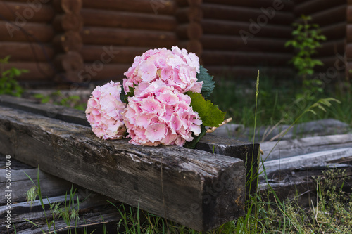 Stylish floral bouquet with pink hydrangea and Ranunculus asiaticus in contrasting pink wrapping paper. Designer flower bouquet from a florist photo