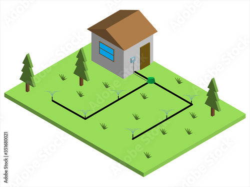 Sprinkler system for automatic watering and irrigation of lawns flower beds plants flowers scheme circuit outline. layout drawing. Isometry.