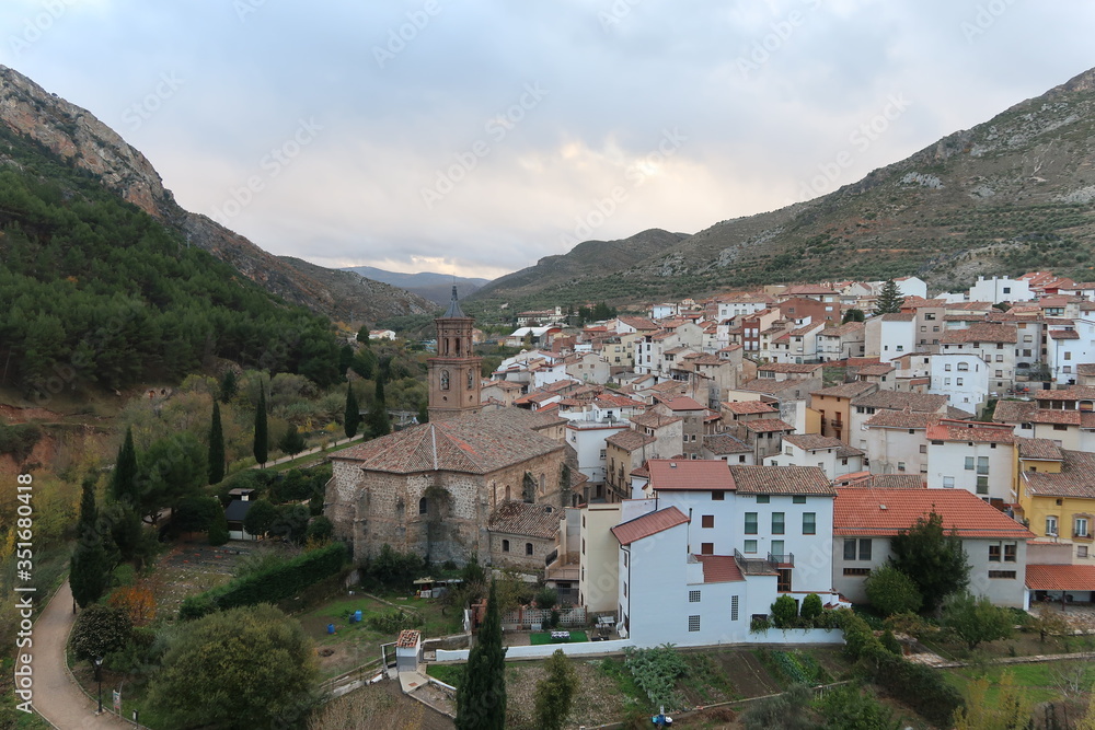 Viewpoint of the spanish village Arnedillo at sunset