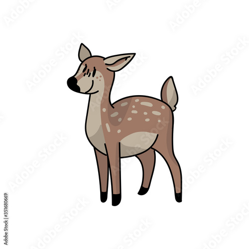 Cute forest doe vector illustration. Buck deer with antlers. Childlish hand drawn doodle style. For game animal decor, boho kids fashion, trendy doodle woodland graphic design. 