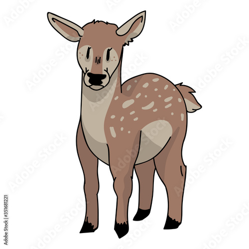 Kawaii forest doe vector illustration. Buck deer with antlers. Childlish hand drawn doodle style. For game animal decor, boho kids fashion, trendy doodle woodland graphic design. 