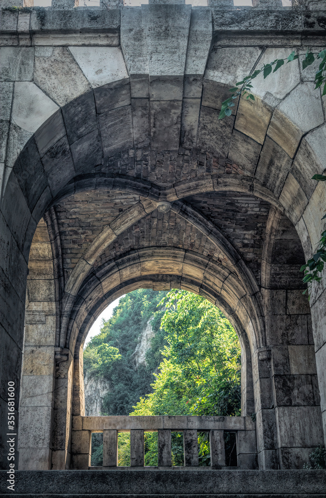 Antique Gothic stone arch and gazebo on the Gellert Hill in Budapest