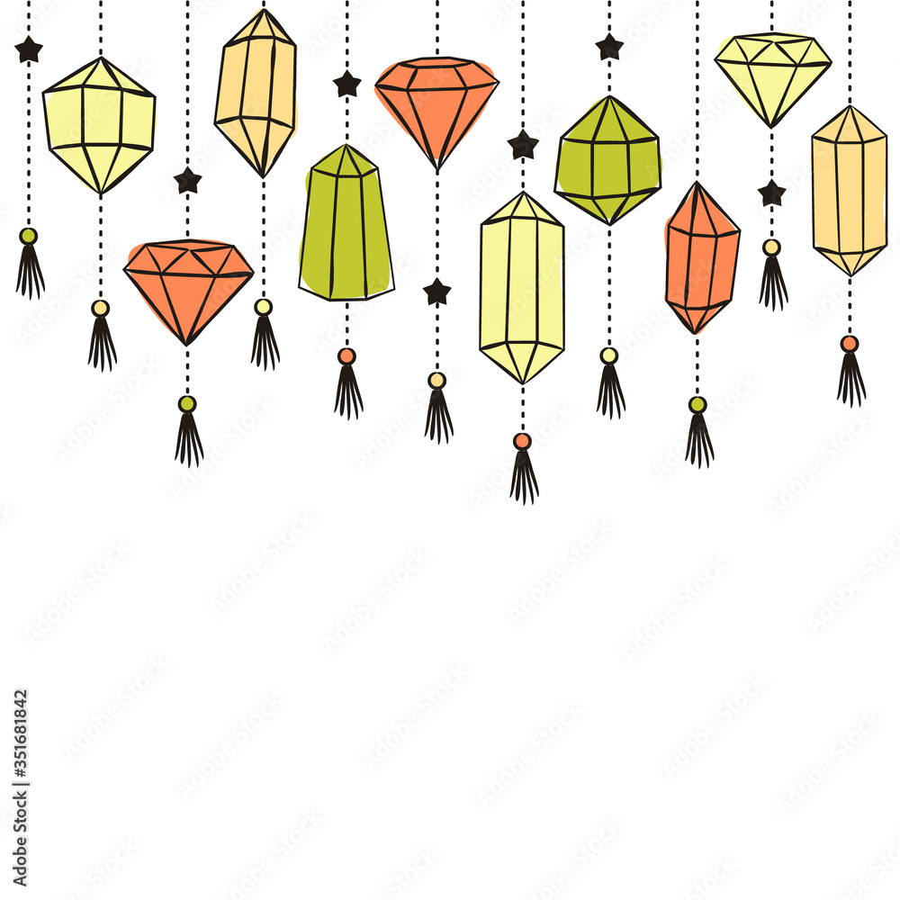 Pattern of crystals suspended on chains. Hand-drawn gemstones, diamonds, diamonds, emeralds and rubies. Vector illustration for jewelry store, bijouterie, magic and miracle. Pattern of crystals suspended on chains. Hand-drawn gemstones, diamonds, diamonds, emeralds and rubies. Vector illustration for jewelry store, bijouterie, magic and miracle.