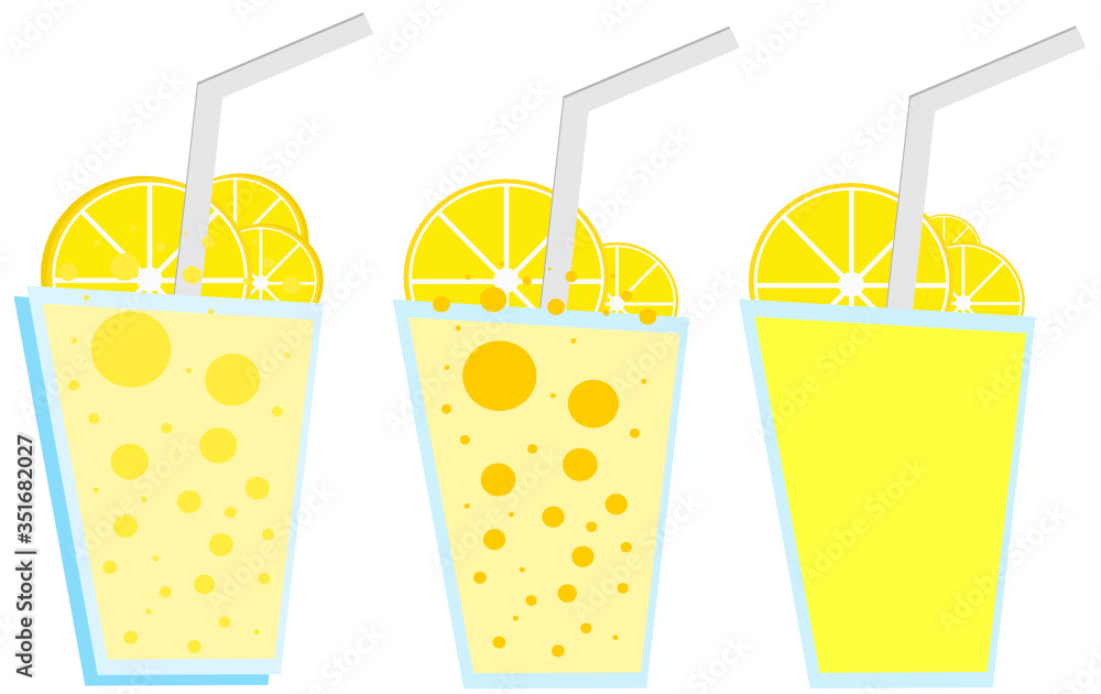 Lemon drink in glass with lemon slice. A straw in a glass of lemonade. Vector illustration isolated on white background. Lemon drink in glass with lemon slice. A straw in a glass of lemonade. Vector illustration isolated on white background.