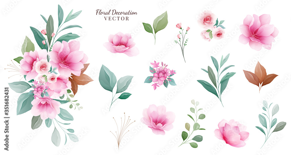 Floral decoration vector set. Botanic arrangements & individual elements of pink and purple flowers, leaf, branch. Botanic illustration for wedding, greeting card, or logo composition vector