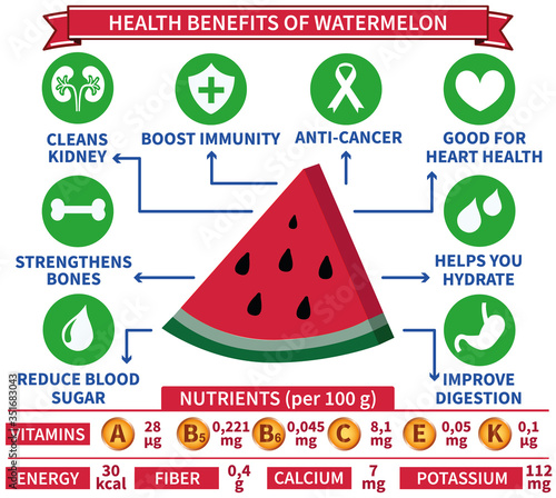 Health benefits of watermelon infographic vector. An illustration composed of texts, icons, and nutrition facts on isolated white background. Healthcare concept design. Layered Eps 10 file format.
