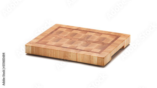 End grain wood butcher block cutting board isolated on white background. Full depth of field