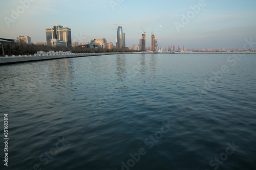Panoramic view of the Caspian Sea in Baku. Panoramic view of Baku, Azerbaijan, skyline with historical and modern architecture. A bird's-eye view. Caspian Sea coast in Baku .