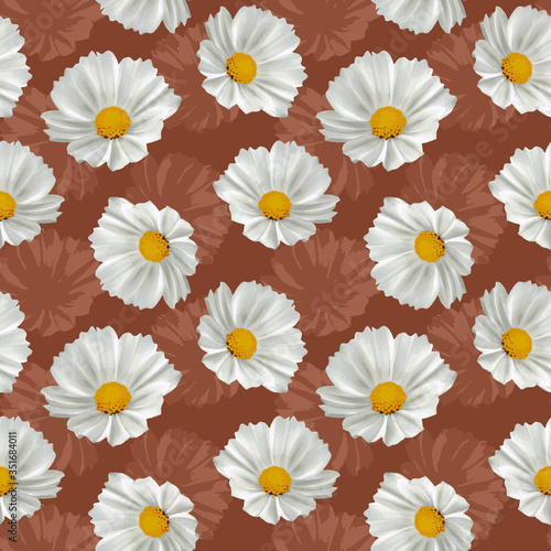 Seamless white flowers pattern. Brown background