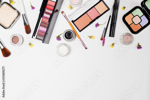 Woman make up products and accessories on white background.professional decorative cosmetics  makeup tools