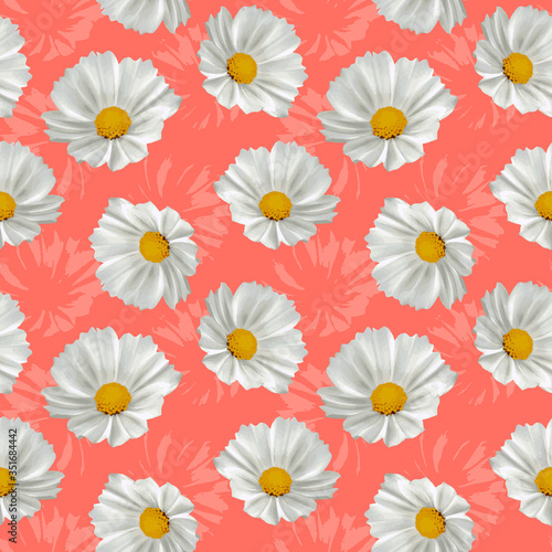 Seamless white flowers living coral vector pattern