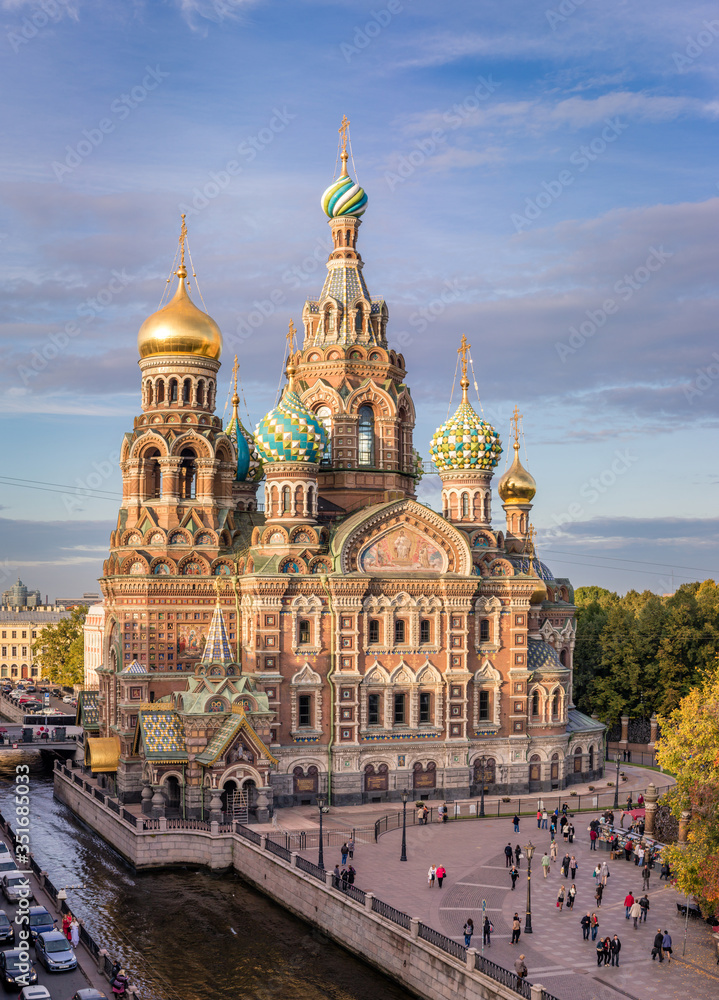 Aerial sunset, Church of the Savior on Spilled Blood, in Saint-Petersburg, Russia