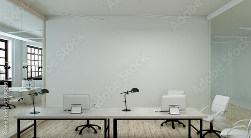 Modern office interior with large windows and a row of light wood tables. 3d rendering