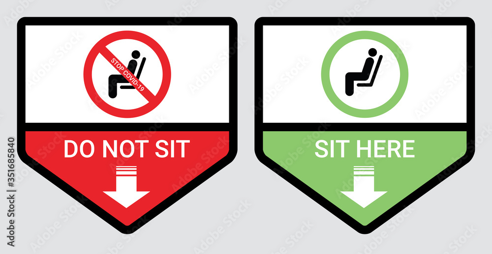 Please do not sit and sit here sign to prevent from Coronavirus or Covid-19 pandemic. Keep distance 6 feet or 2 meters physical distancing for chair, seat, shuttle bus, subway, railway, tram, train. Please do not sit and sit here sign to prevent from Coronavirus or Covid-19 pandemic. Keep distance 6 feet or 2 meters physical distancing for chair, seat, shuttle bus, subway, railway, tram, train.