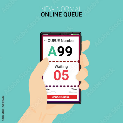 New normal concept and physical distancing people keep distance from each other and customer used queue app for prevention from disease outbreak. Vector of new behavior after Covid-19 pandemic