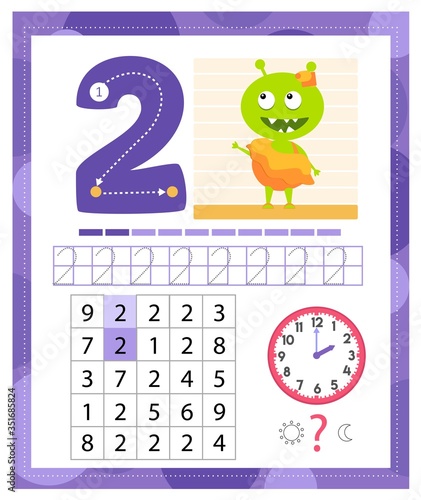 Learning Number 2 with funny monster. Coloring printable worksheet for kindergarten and preschool. Two. Handwriting practice. Coloring book. 