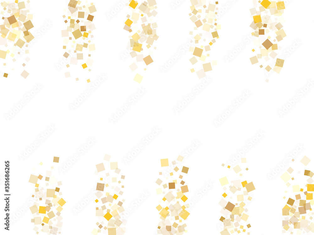 Small gold square confetti tinsels scatter on white. Chic New Year vector sequins background. Gold foil confetti party pieces space. Rhombus particles surprise backdrop.