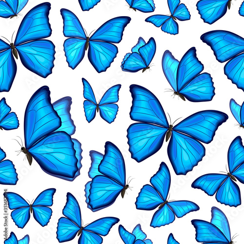 Blue morpho butterflies fly on white background. Vector seamless pattern. Decorative print. © svetlanasmirnova