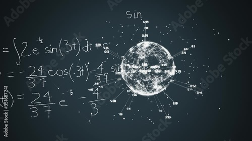 Animation of globe spinning and mathematical formulae information flowing on black background photo