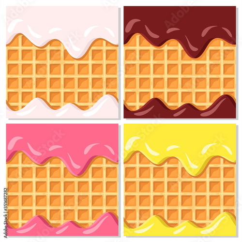 Set of sweet food cards. Vanilla, chocolate, lemon and fruit ice cream glaze on waffle. Seamless pattern.Texture for fabric, wrapping, wallpaper. Decorative print. 