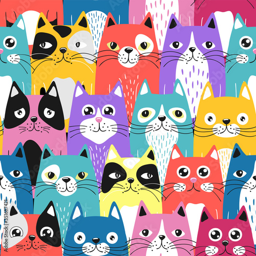 Funny cartoon cats. Seamless pattern.Texture for fabric, wrapping, wallpaper. Decorative print.