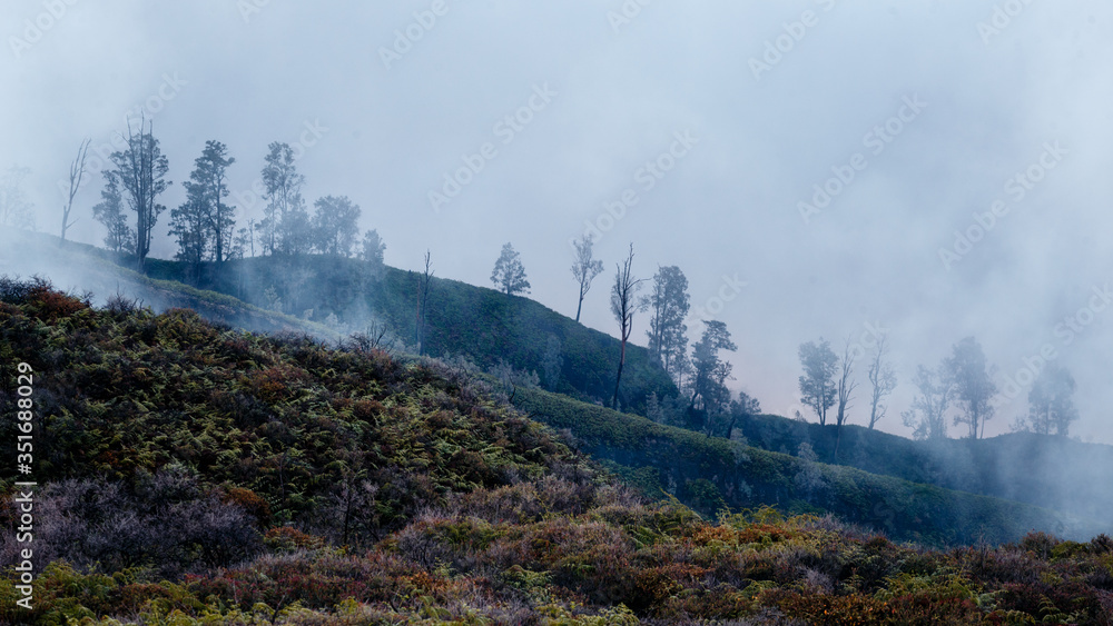 Foggy morning around Ijen volcano on Java island, Indonesia. Another planet landscape