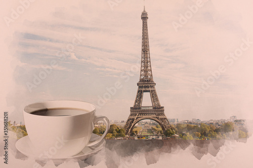 Watercolor effect pf photo with cup of coffee on the table with view of Eiffel tower in Paris, France