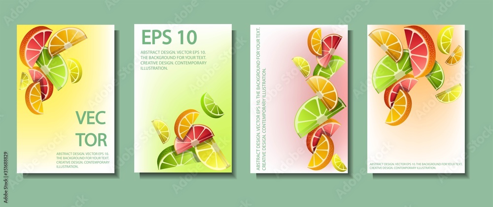 Set of illustrations with 3D citrus slices. Abstract composition of ripe limes,
grapefruits, oranges, and lemons. Design for decoration. Stock vector. Set of illustrations with 3D citrus slices. Abstract composition of ripe limes,
grapefruits, oranges, and lemons. Design for decoration. Stock vector.