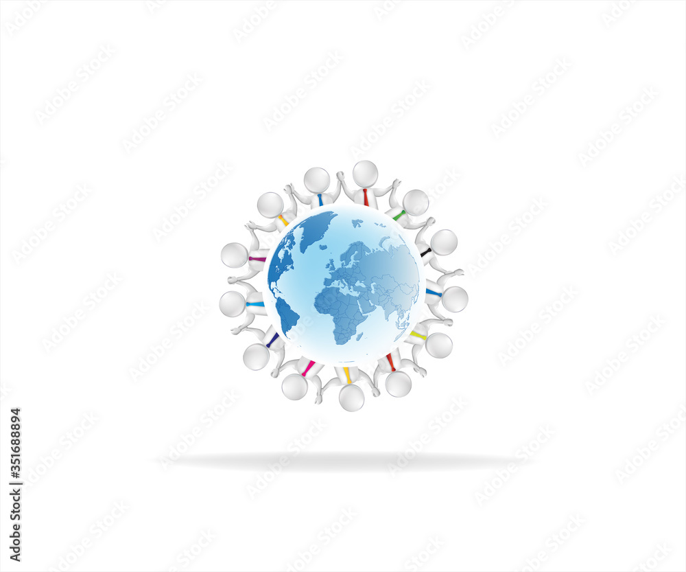 3D teamwork people around global world vector logo