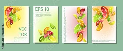 Set of illustrations with 3D citrus slices. Abstract composition of ripe limes, 
grapefruits, oranges, and lemons. Design for decoration. Stock vector.