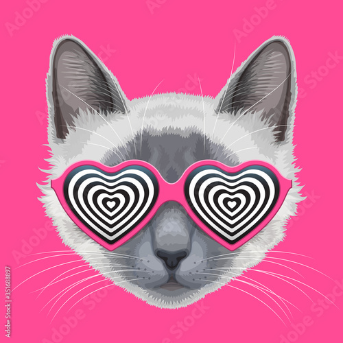Cat face with trendy stylish fashionable eyeglasses shaped like hearts