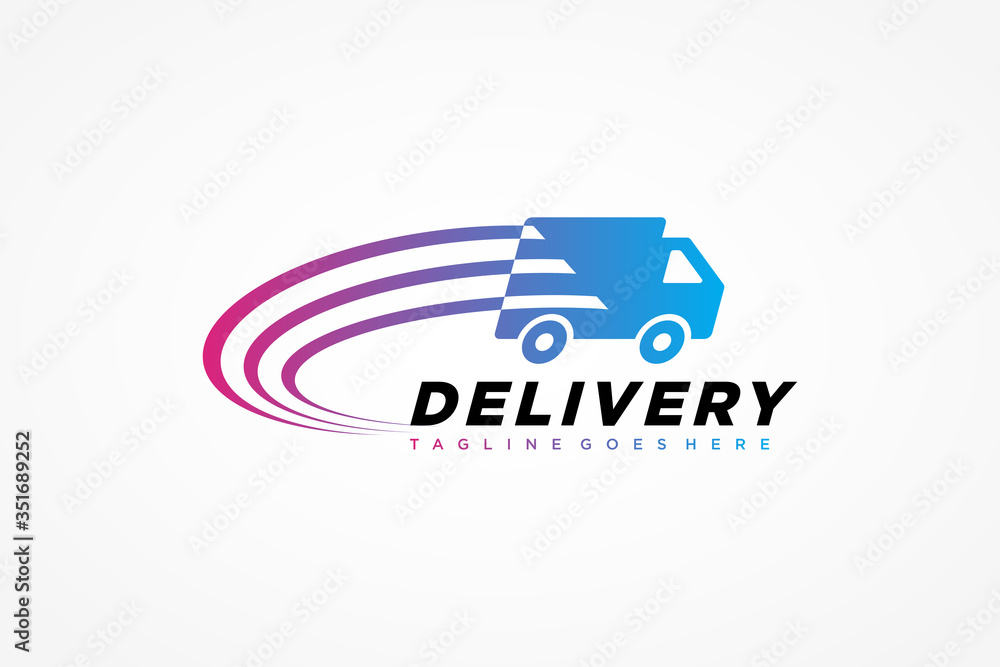 Fast Shipping Delivery Logo. Purple Blue Gradient Truck Icon with Comet Waves Combination isolated on White Background. Business and Transportation Resources. Flat Vector Logo Design Template Element.