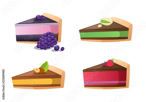 Set of cake pieces with fruits berries nuts.