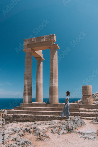 Woman at the Acropolis of Lindos. Rhodes Island, Greece