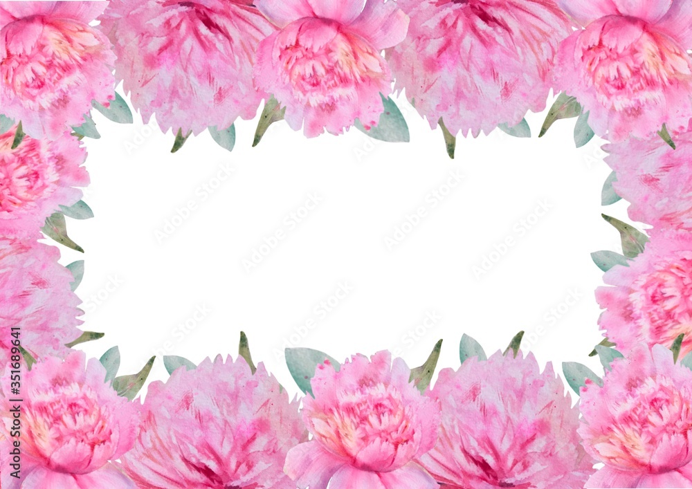 Watercolor frame of flowers. Pink peonies on white background with copy space for greeting message. Mothers day, easter, wedding, 8 march, birthday, valentines day, springtime background. Watercolor frame of flowers. Pink peonies on white background with copy space for greeting message. Mothers day, easter, wedding, 8 march, birthday, valentines day, springtime background.