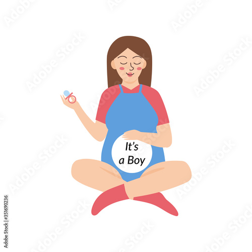 Young pregnant woman baby gender reveal vector illustration. It's a boy