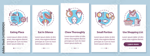 Conscious eating habits onboarding mobile app page screen with concepts. Small portion and chewing thoroughly walkthrough 5 steps graphic instructions. UI vector template with RGB color illustrations