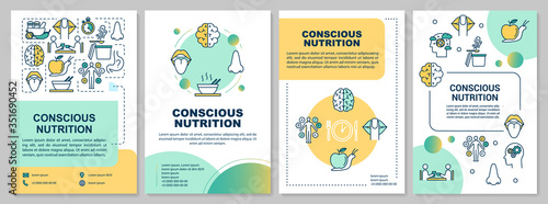 Conscious nutrition brochure template. Mindful eating. Flyer, booklet, leaflet print, cover design with linear icons. Vector layouts for magazines, annual reports, advertising posters