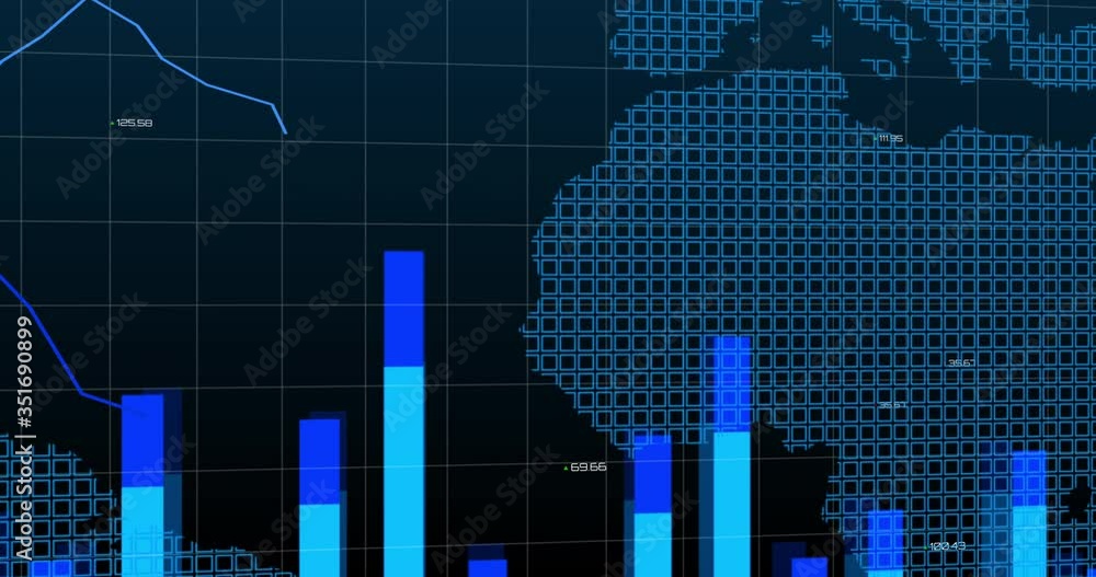 Animation of a bar graph on a world map and a grid