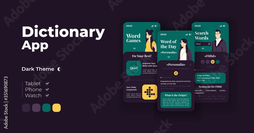 Dictionary app cartoon smartphone interface vector templates set. Mobile app screen page night mode design. Word games, vocabulary search. UI for application. Phone display with flat character