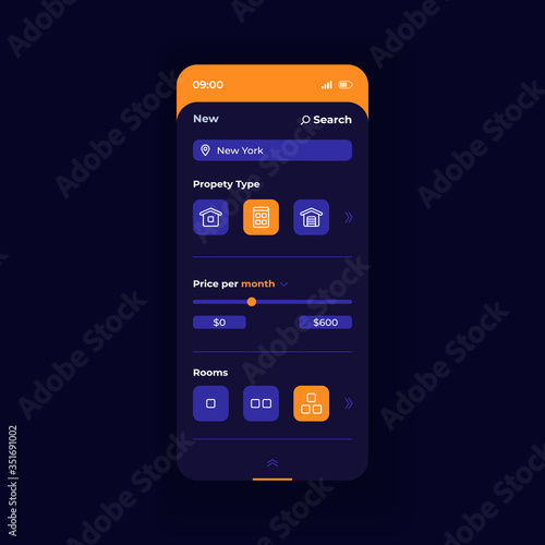Buy property smartphone interface vector template. Mobile app page dark blue design layout. Choosing accomodation type screen. Flat UI for application. Select options for apartment. Phone display