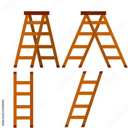 Stairs. Object for climbing to the top in different positions. Cartoon flat illustration. Wooden stepladder