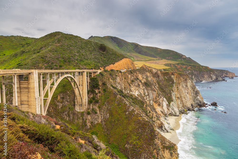 View of the Bixby Creek Bridge on the famous road number 1, Monterey, USA.