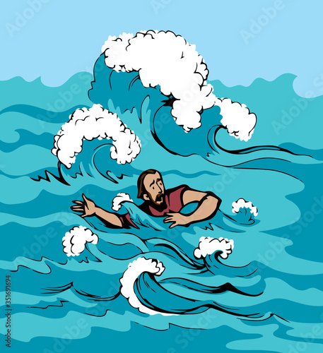 Man swims through the waves of the storm. Vector drawing
