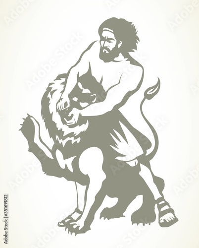 Samson fights a lion. Vector drawing