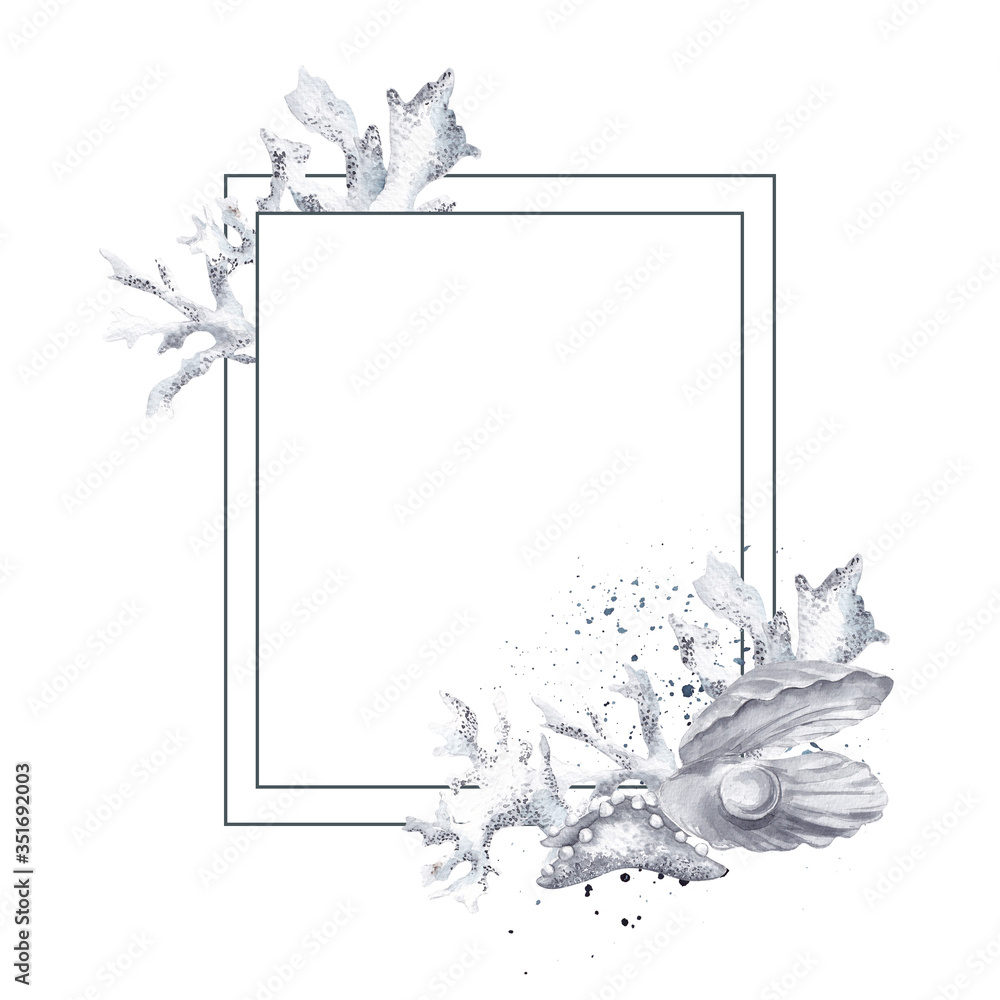 Obraz premium Frame with marine illustration, sea flowers, mermaid, animals, isolated on white background