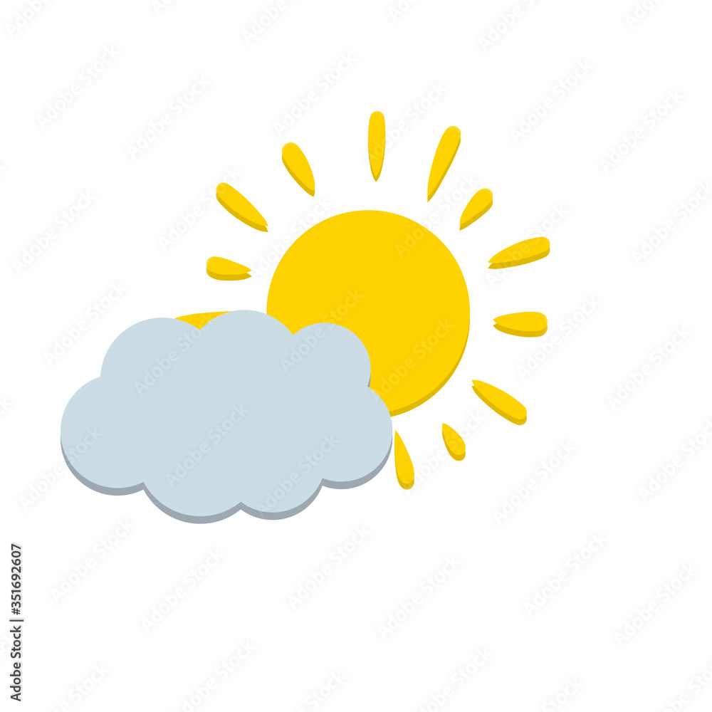 Sun and cloud. Cartoon flat illustration. Yellow and blue object. Warm summer weather. Sky element and meteorology. Simple child drawing Sun and cloud. Cartoon flat illustration. Yellow and blue object. Warm summer weather. Sky element and meteorology. Simple child drawing